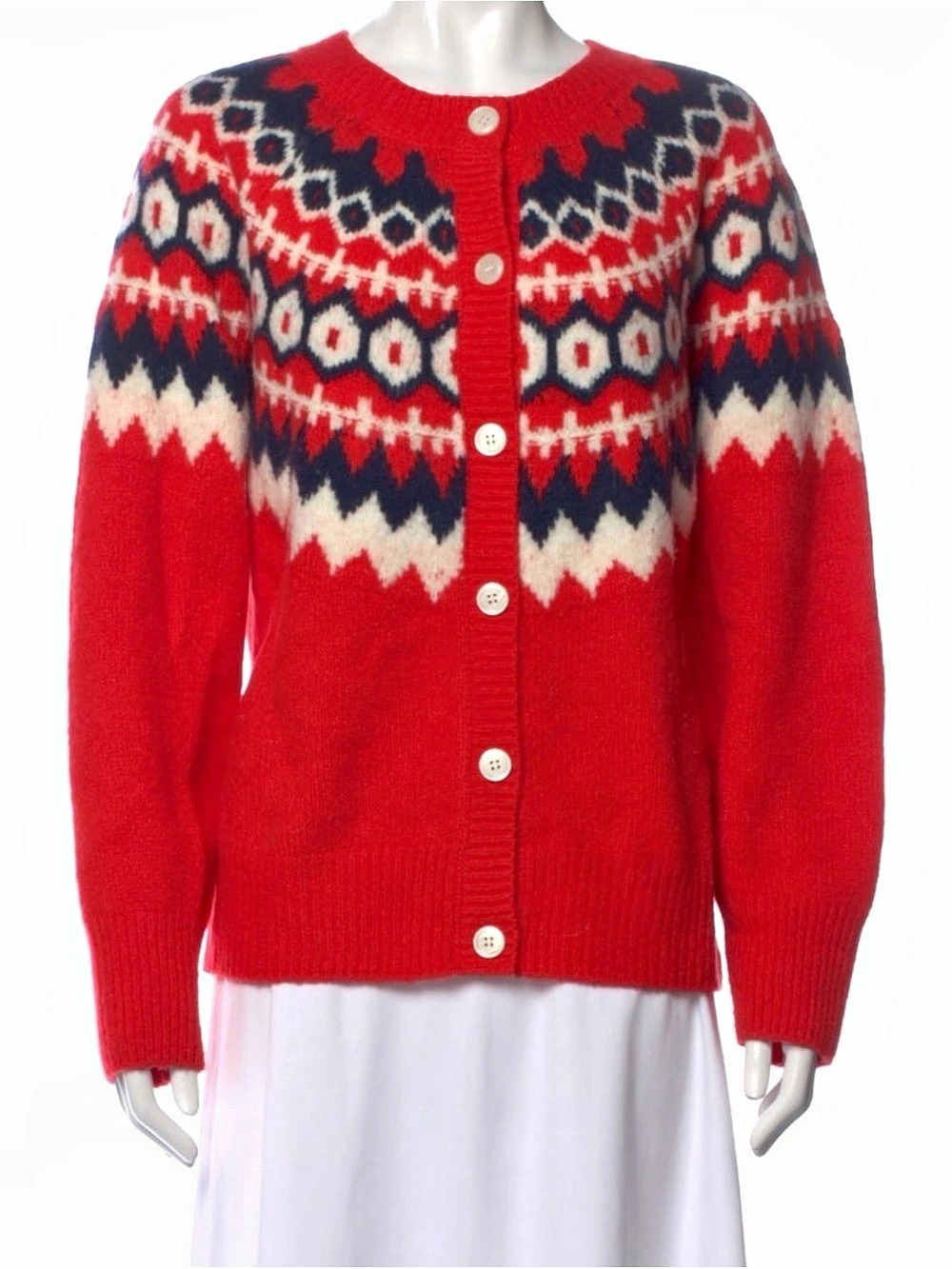 Favorite Daughter - Fair Isle Cardigan, Merino Wool, Red & Blue, & White Size M